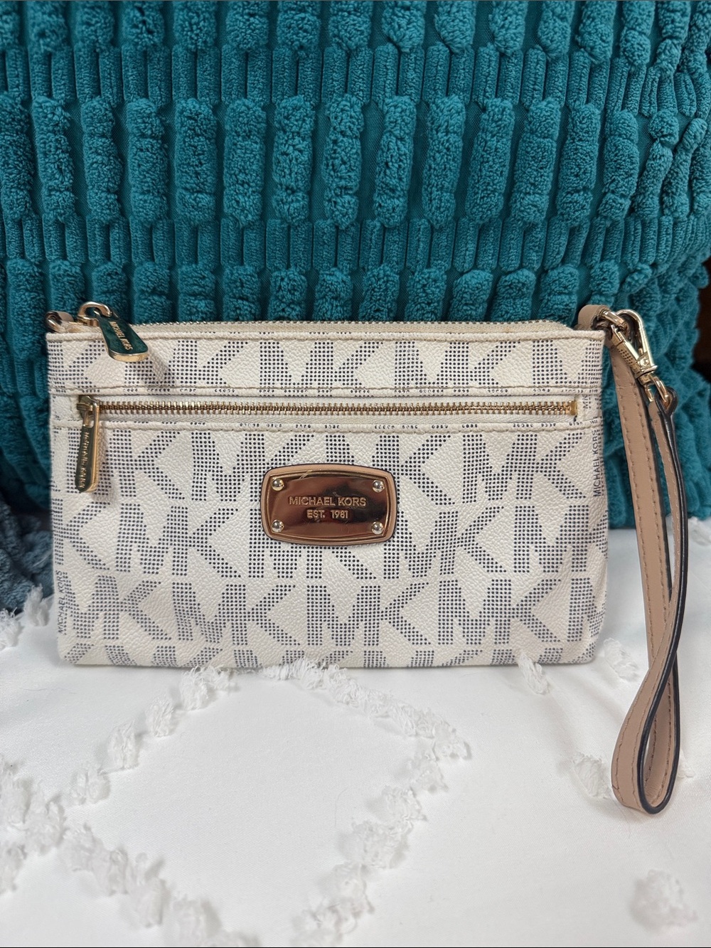 Michael Kors Cream and Beige Logo Wristlet with Gold Plate